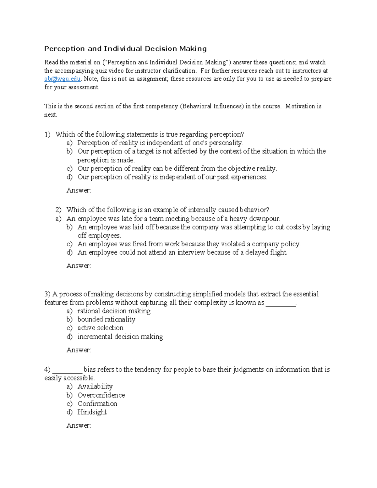 Perception and individual decision making multiple choice questions ...