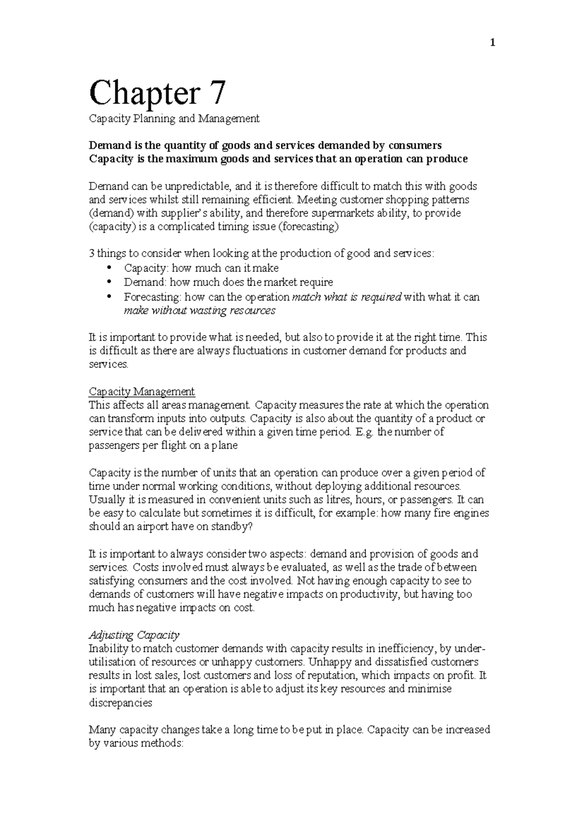 Chapter 7 - Lecture Notes on Capacity Planning & Management - Studocu