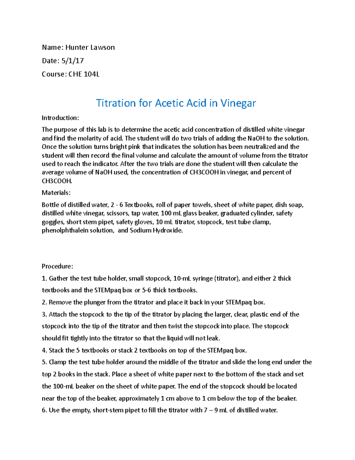 CHE 104L Final Lab Report: Titration of Acetic Acid in Vinegar - Studocu