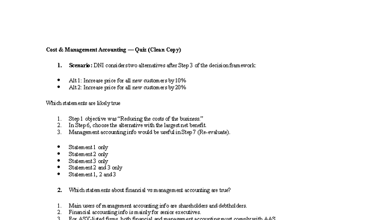 Cost Management Accounting Quiz (CMA 101) - Clean Copy - Studocu