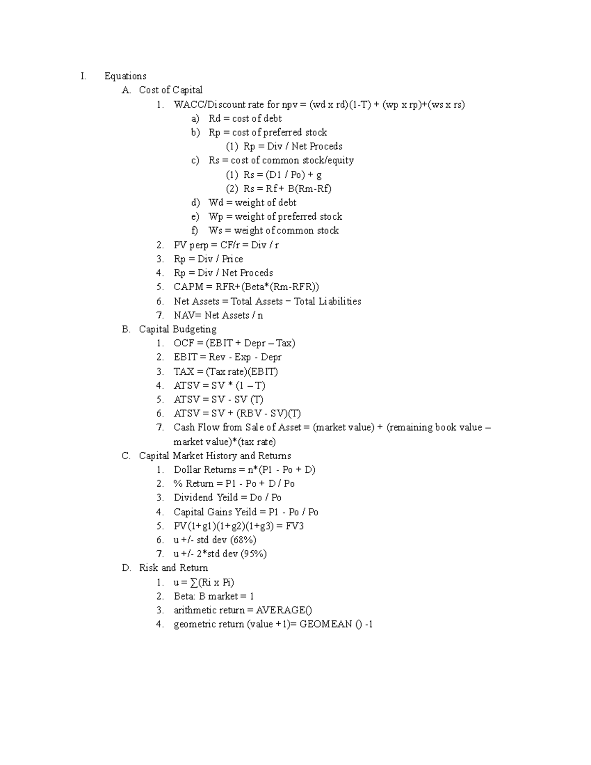 Finance Notecard 3 - Equations and concepts for Exam 3 - I. Equations A ...