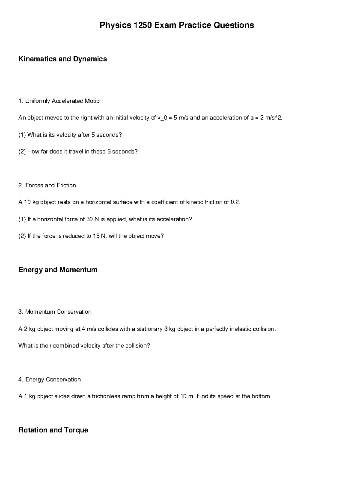 Physics 1250 Practice Exam Questions: Kinematics, Energy & More - Studocu
