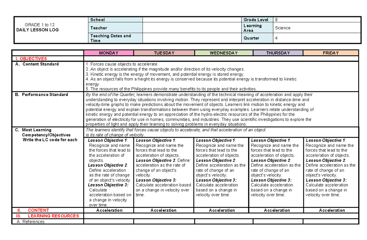 Grade 8 Science Lesson Log: Acceleration & Forces (Q4) - Studocu