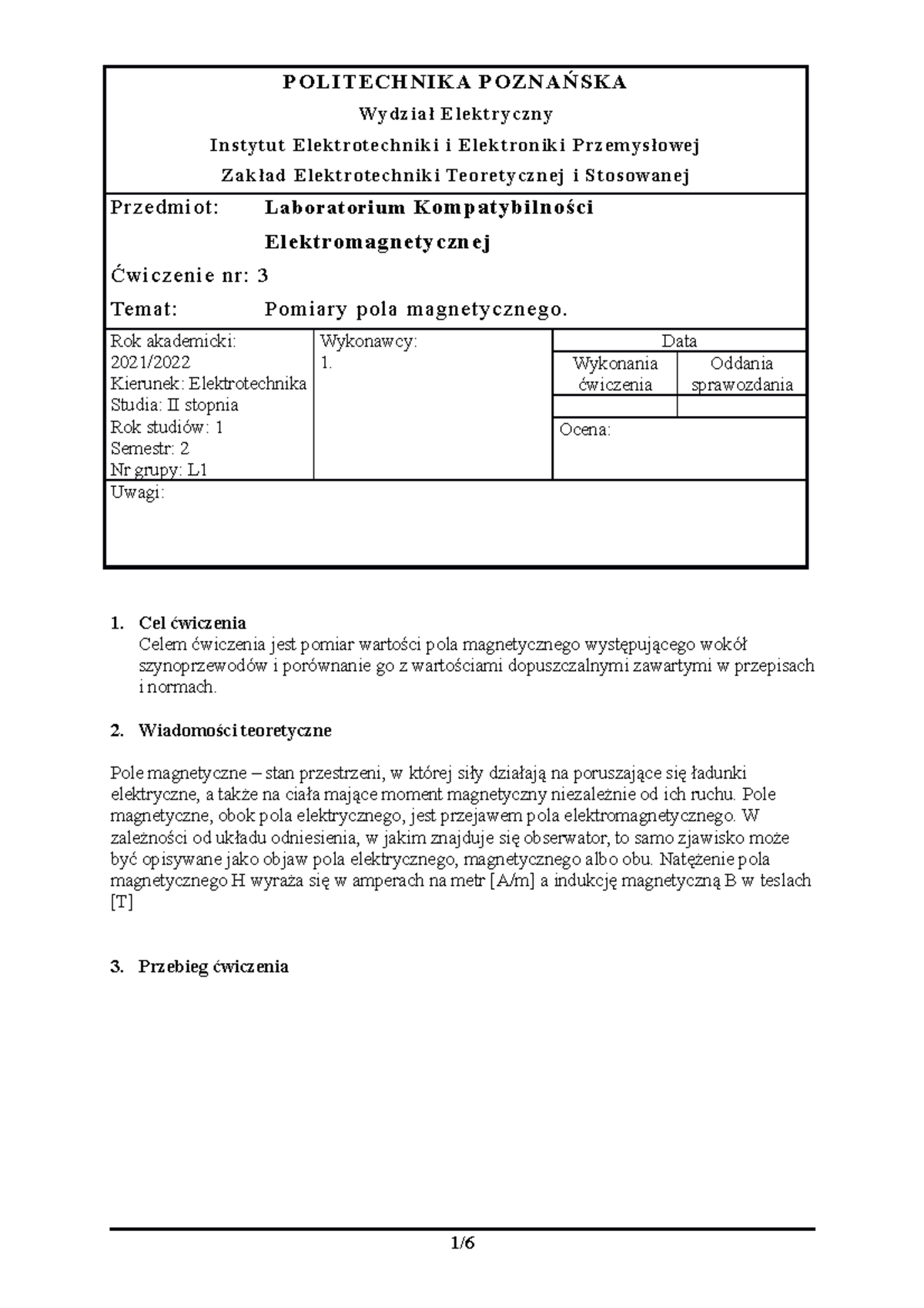 Laboratorium Kompatybilności Elektromagnetycznej: Pomiary pola magnetycznego - Document Preview
