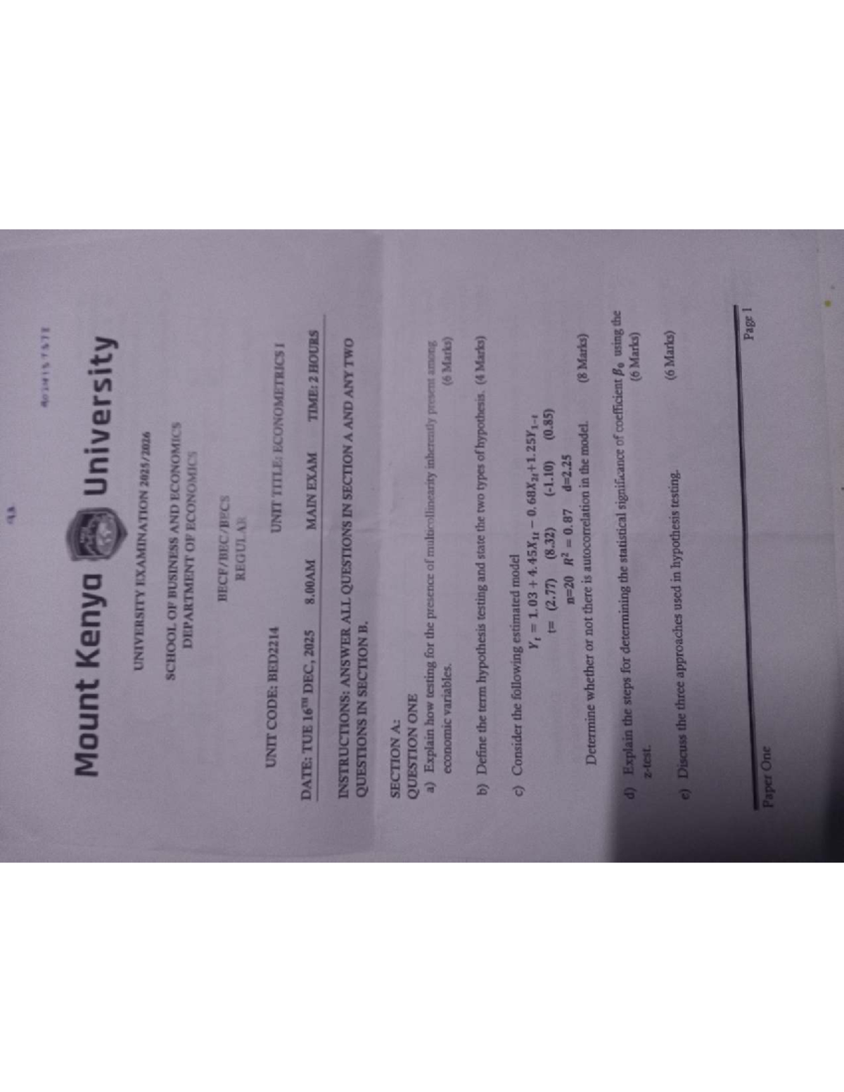 BED2214 Econometrics I Past Exam Paper - Mount Kenya University - Document Preview