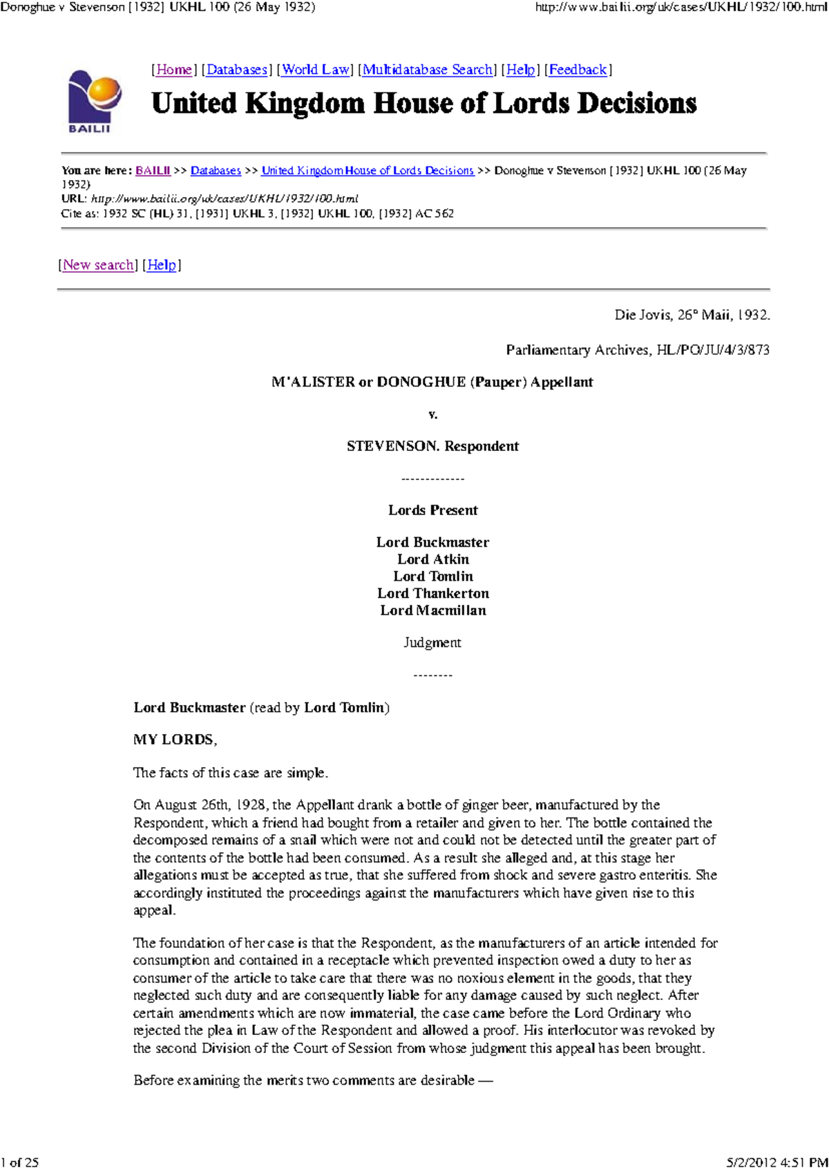 Case Study: Donoghue v Stevenson 1932 (UKHL 100) - Legal Insights - Studocu