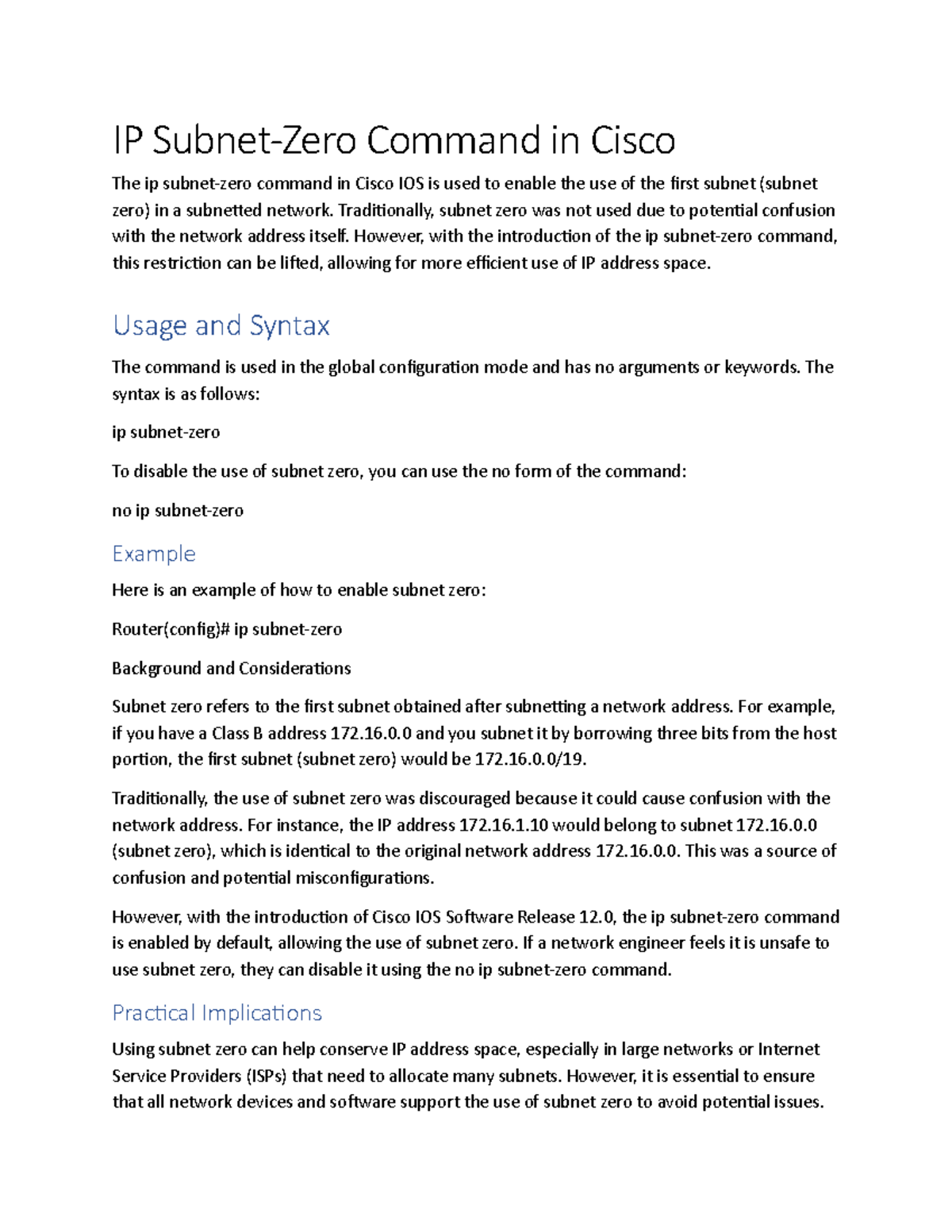 IP Command and Subnet Zero in Cisco IOS - Studocu