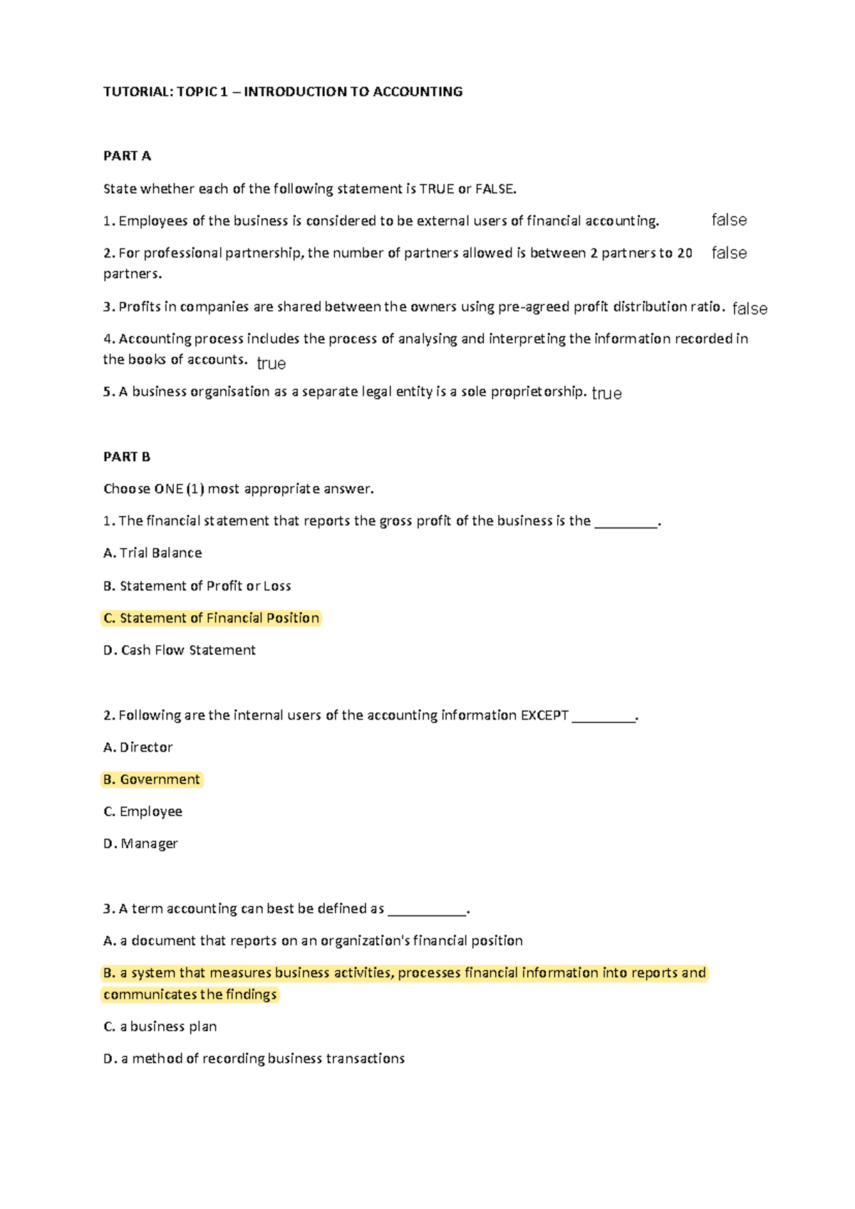 ACC101 Tutorial 1: Introduction to Accounting Concepts and Exercises ...