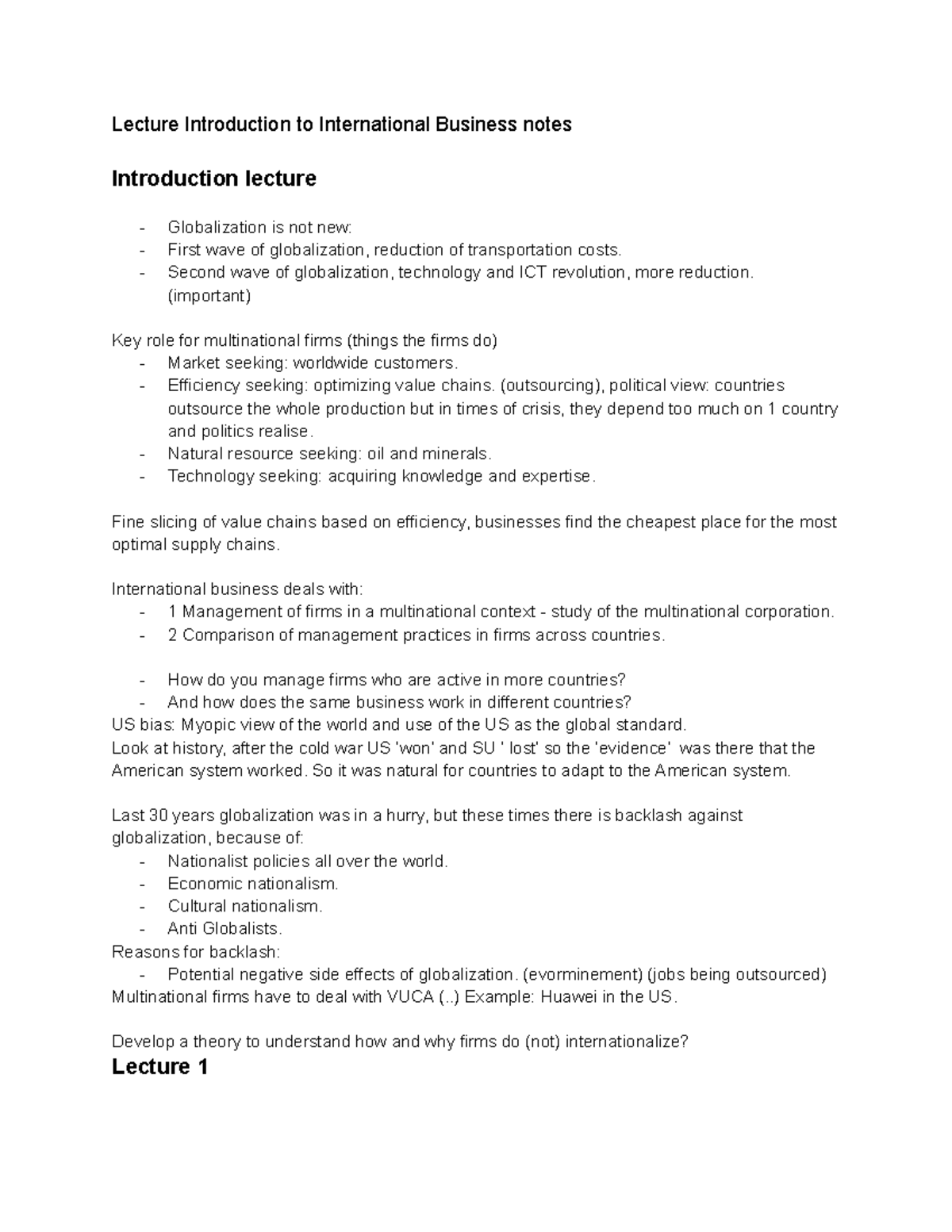 Lecture Introduction to International Business notes - Lecture ...
