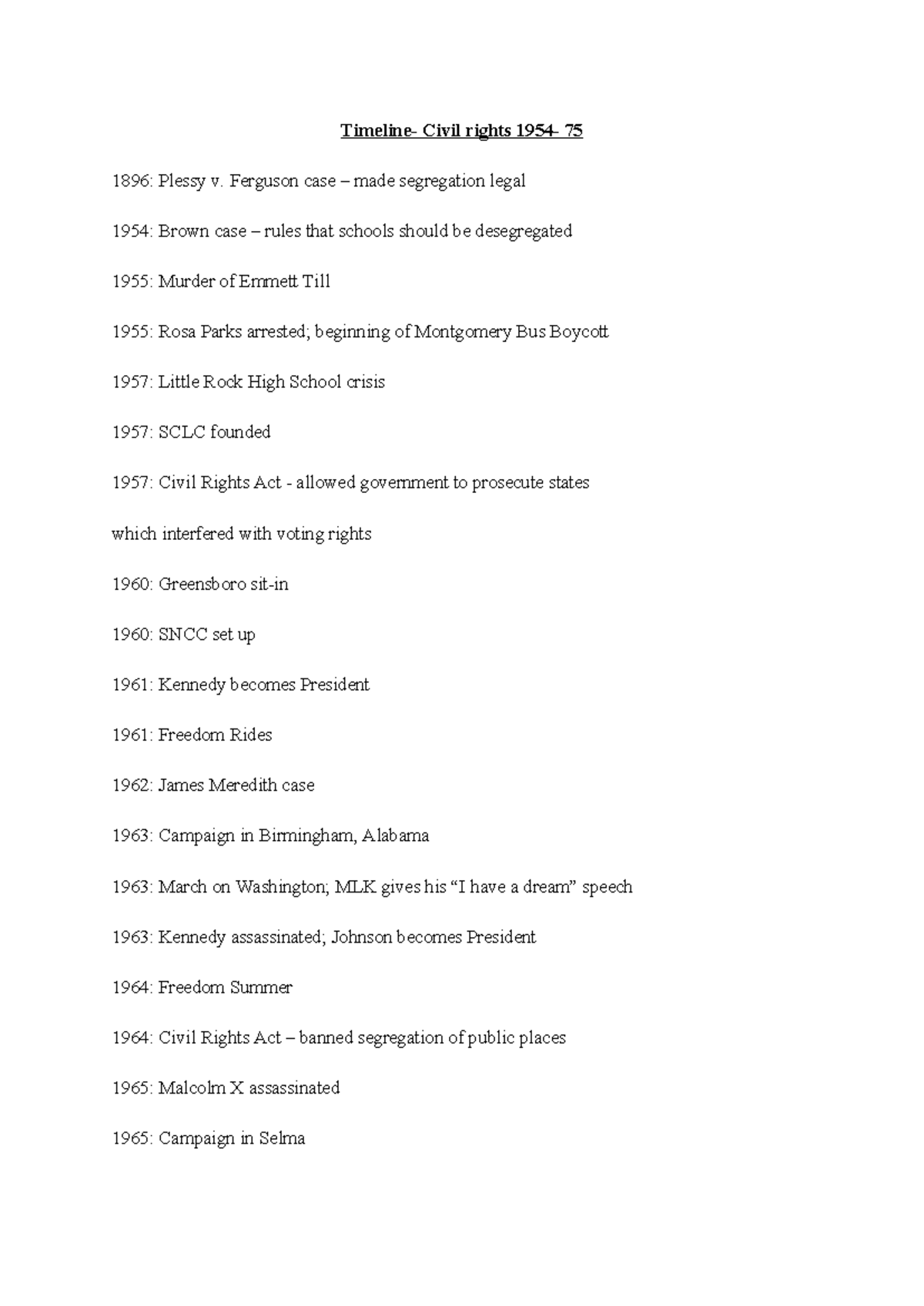 Civil Rights Timeline: Key Events from 1896 to 1965 - Studocu