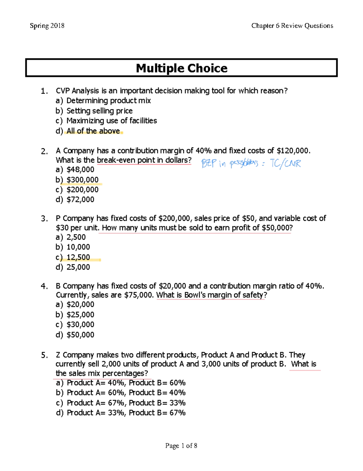 CVP Analysis Quiz Questions and Answers - ACCT 201 - Studocu