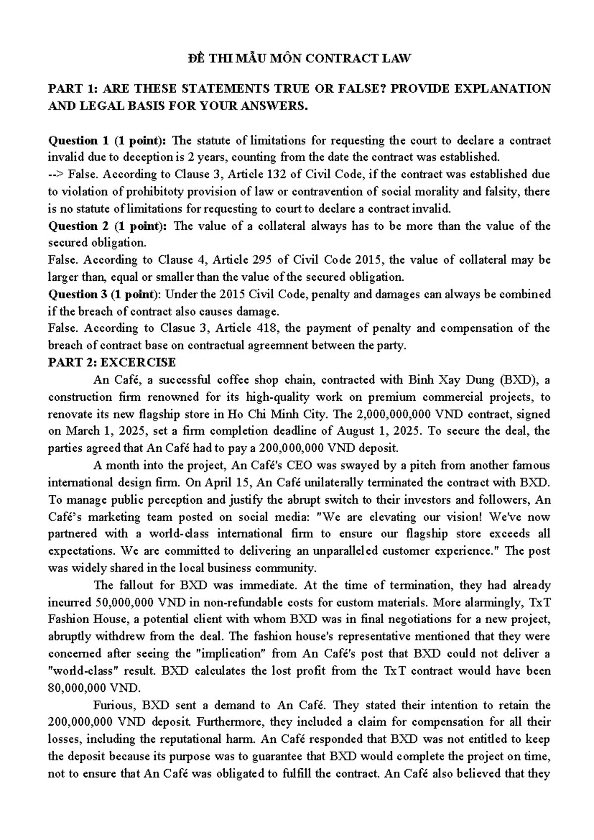 ĐỀ THI MẪU MÔN CONTRACT LAW 2: TRUE/FALSE QUESTIONS & CASE ANALYSIS ...