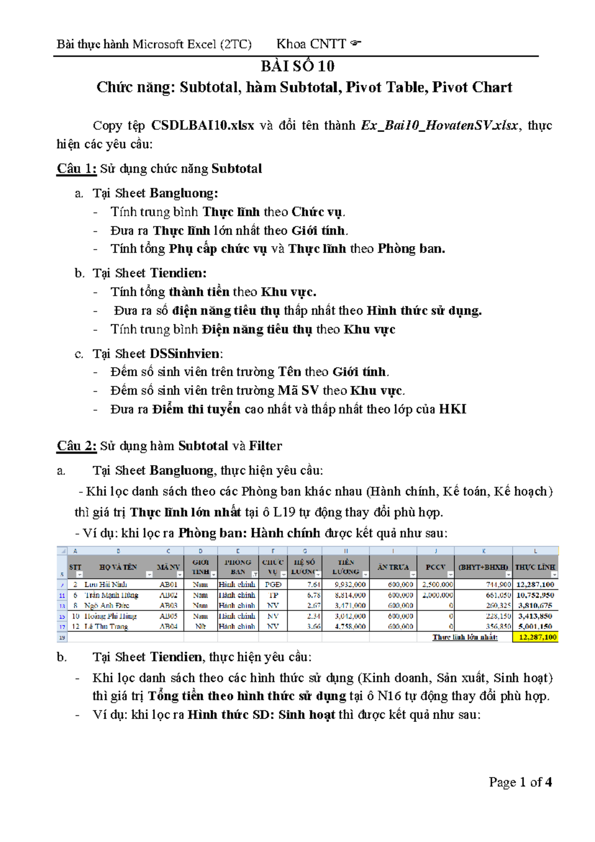 Bài Thực Hành Excel (2TC) - Chức Năng Subtotal & Pivot Table - Studocu