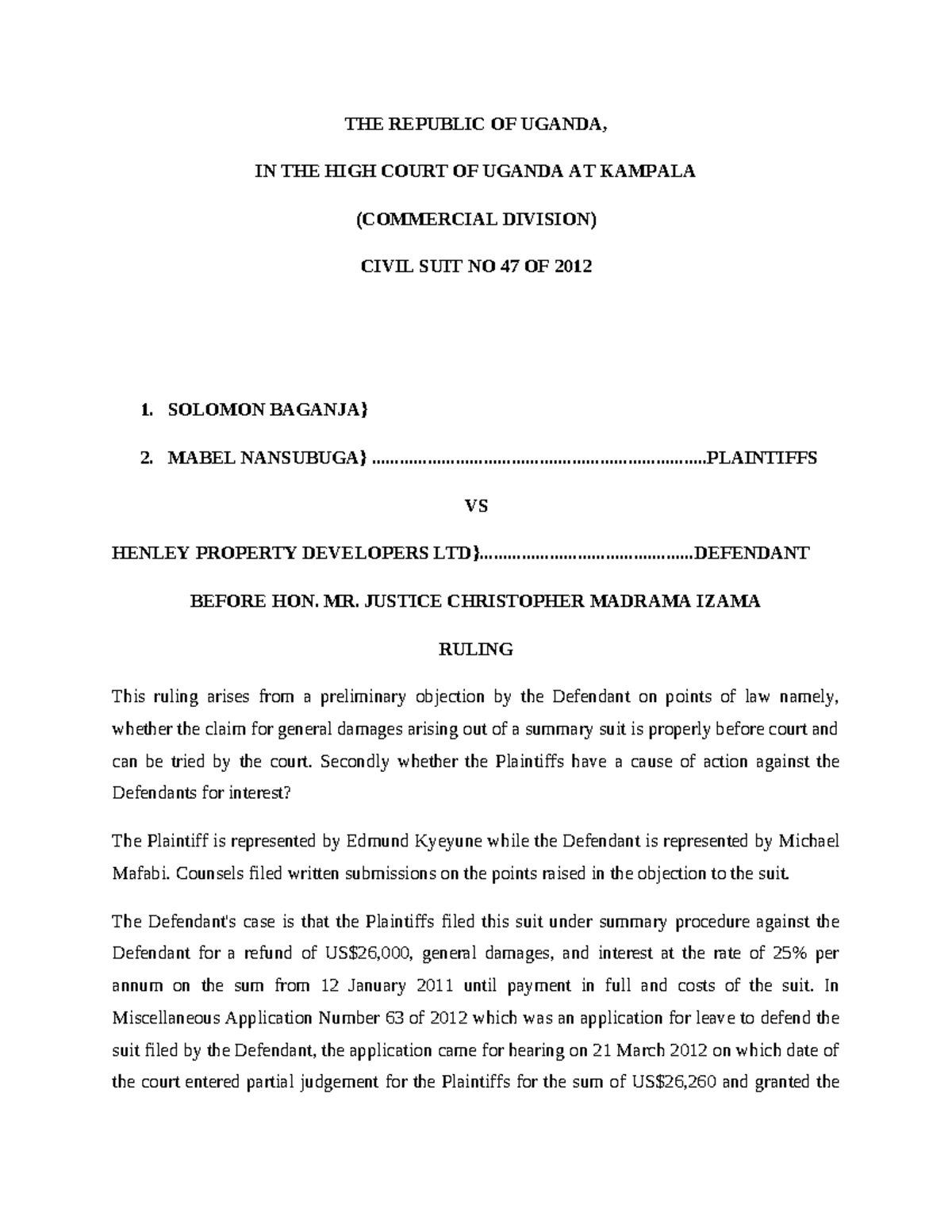 Civil Suit No. 47 of 2012: Ruling on General Damages & Interest - Studocu