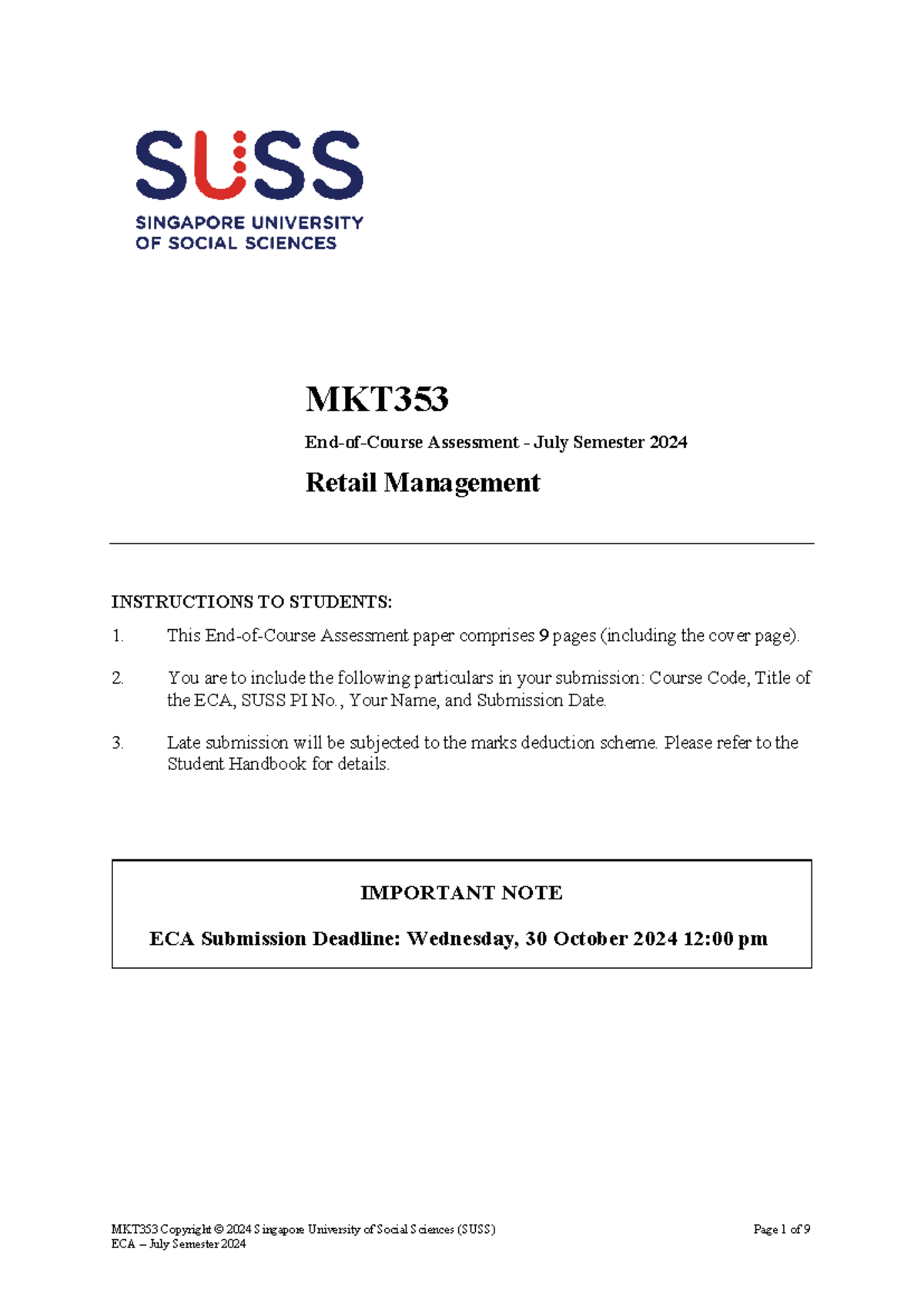 MKT353 ECA - Retail Management End-of-Course Assessment Paper 2024 ...