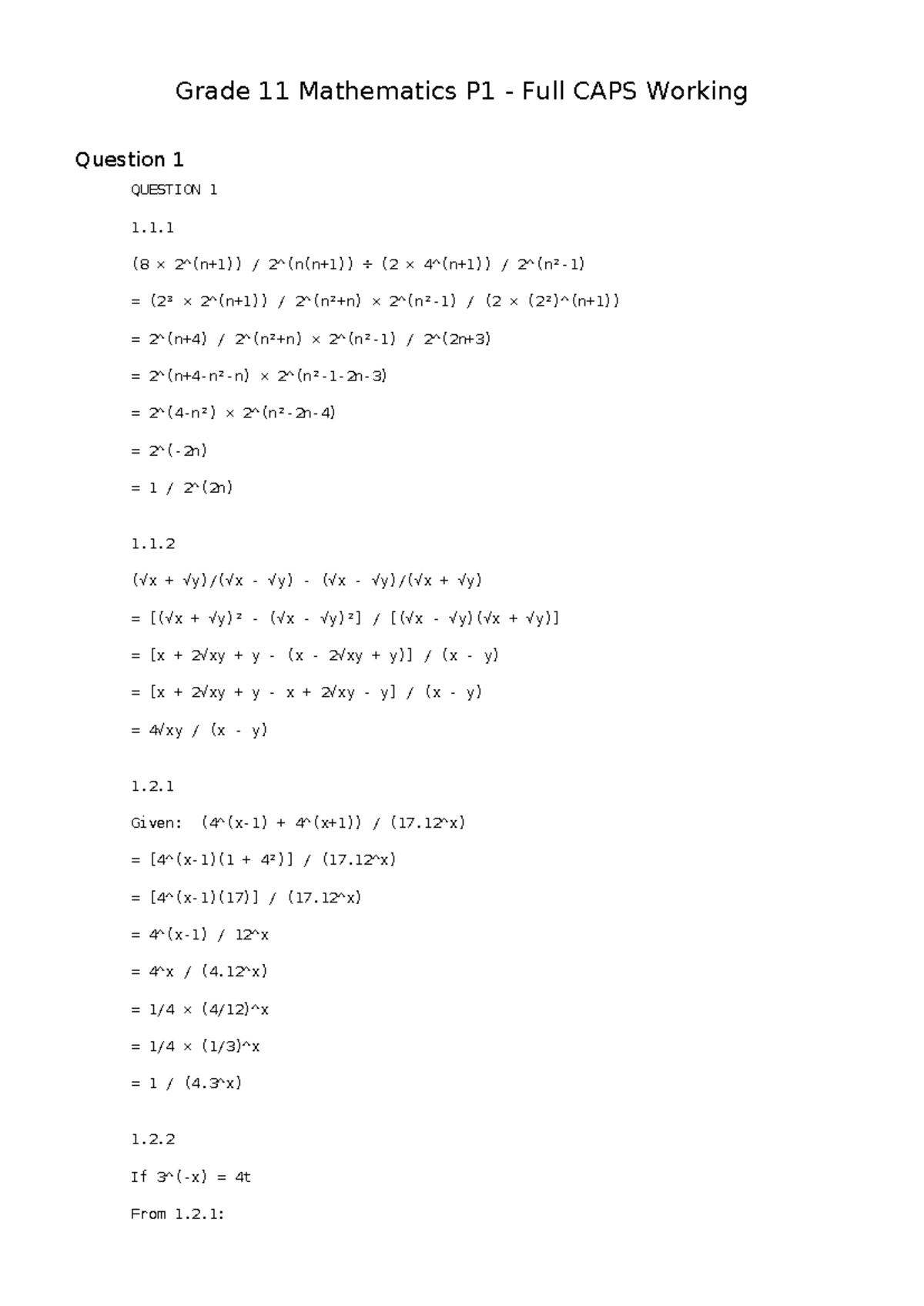 Grade 11 Mathematics P1 Full CAPS Working Solutions - Studocu
