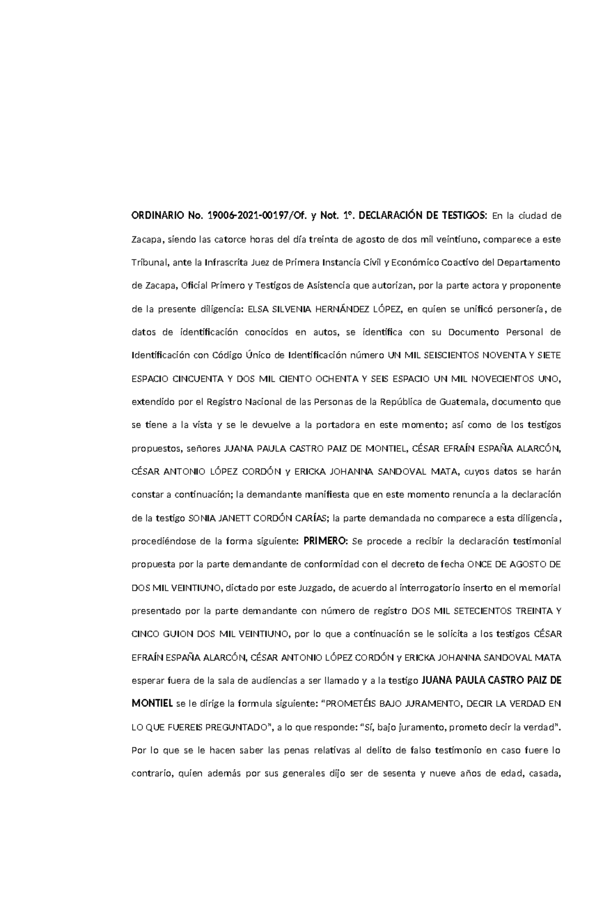 Ordinario 19006-2021-00197: Acta de Declaración de Testigos - Document Preview