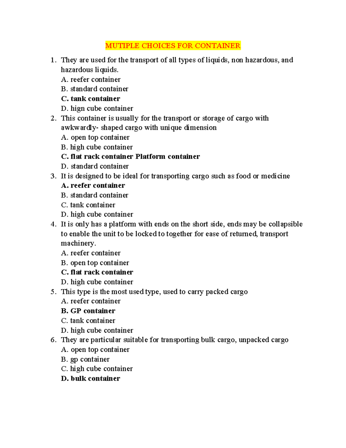 Multiple Choice Questions for Container Types - Studocu