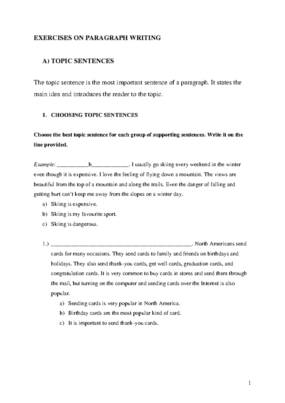 Exercises ON Paragraph Writing A Topic S - EXERCISES ON PARAGRAPH ...