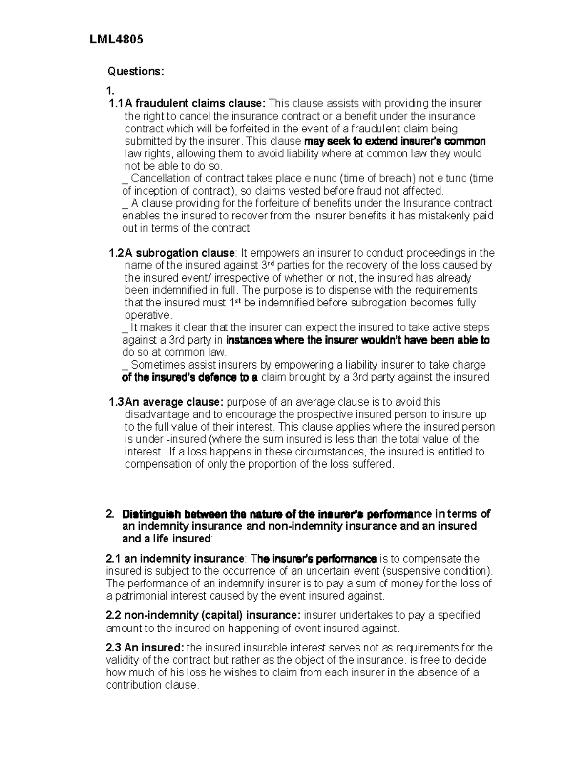 LML4805 Final Exam Study Notes on Insurance Clauses and Terms - Studocu