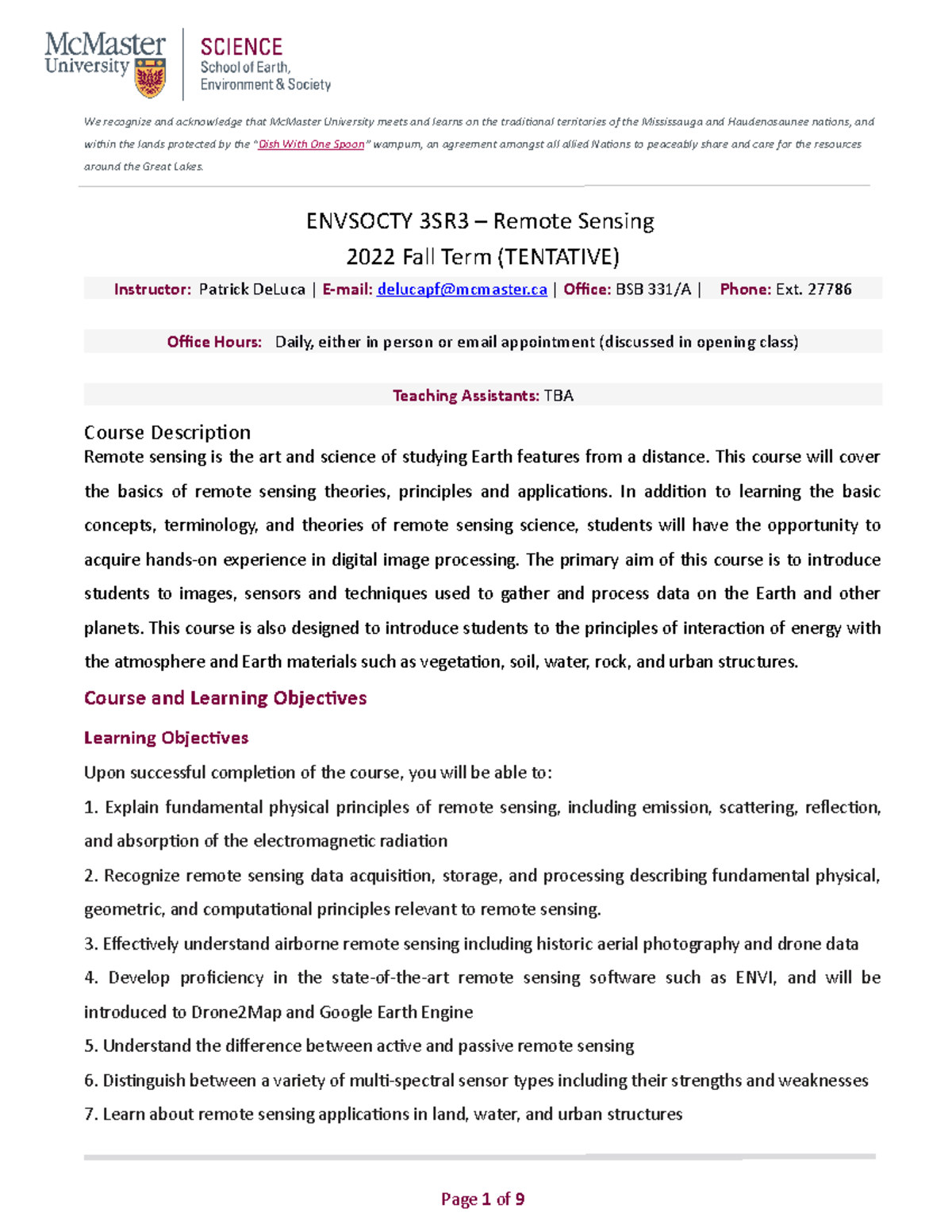 ENVSOCTY 3SR3 - Remote Sensing Course Outline (Fall 2022) - Studocu