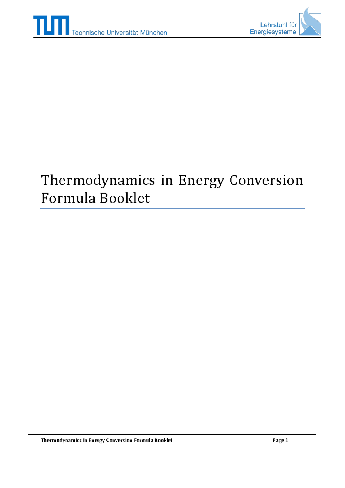 Thermodynamics in Energy Conversion: Formula Booklet (Course Code ...