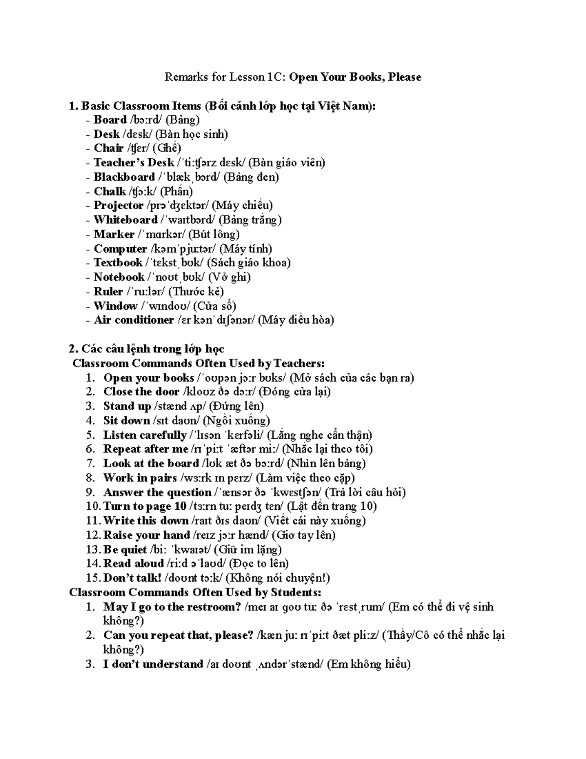 AVCB1199999999: Lesson 1C - Basic Classroom Items & Commands - Studocu