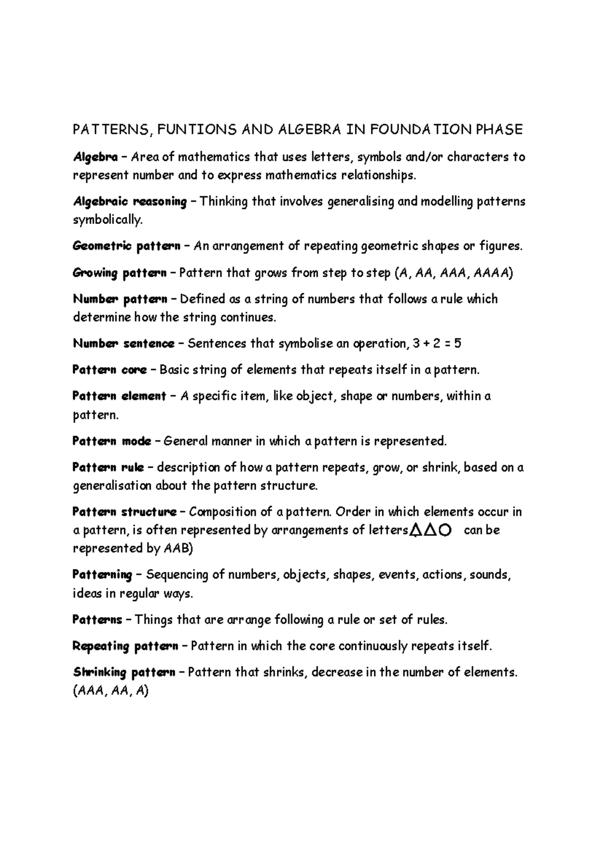 KEY Concepts and Definitions in Patterns, Functions & Algebra - FND101 ...