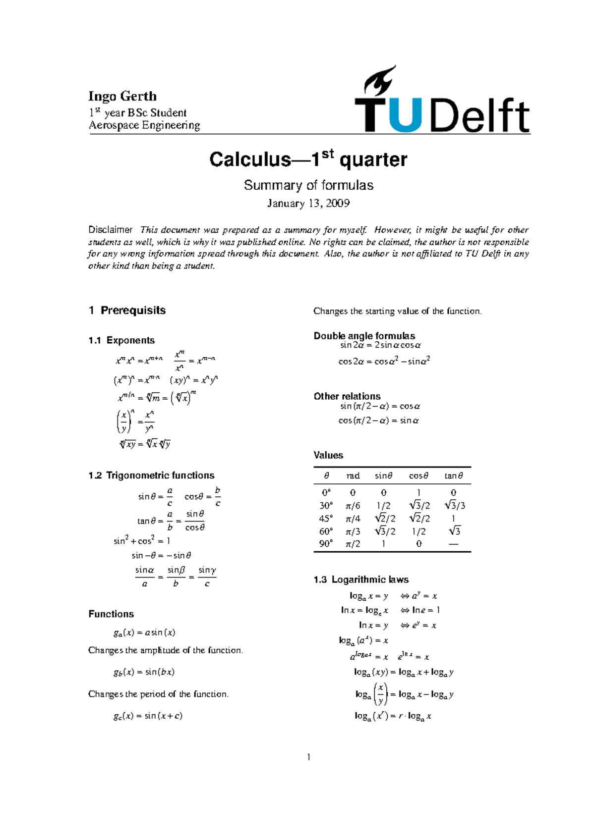 Title: Comprehensive Formula Summary for Calculus (Aero Eng 1st Year ...