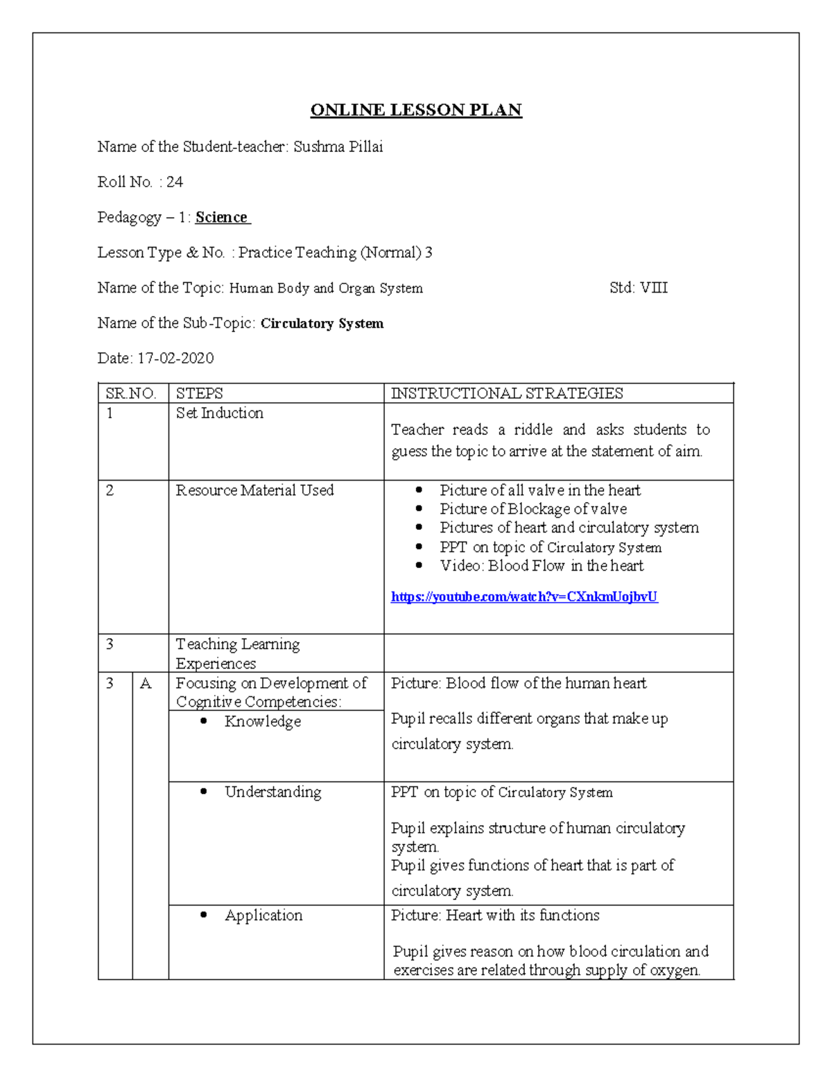 Online Lesson Plan PT 3: Human Body & Circulatory System - Studocu