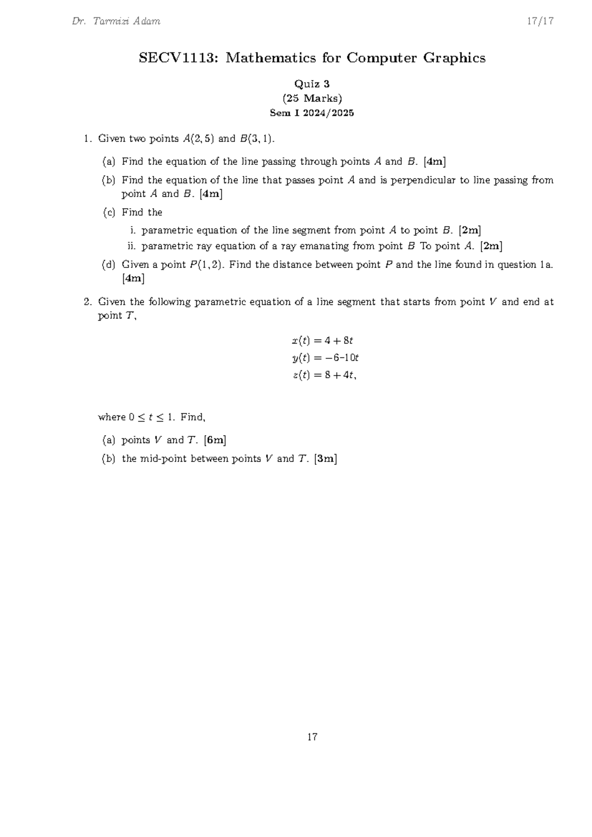 Quiz 3: SECV1113 Math for Computer Graphics - Math CG Quiz - Studocu