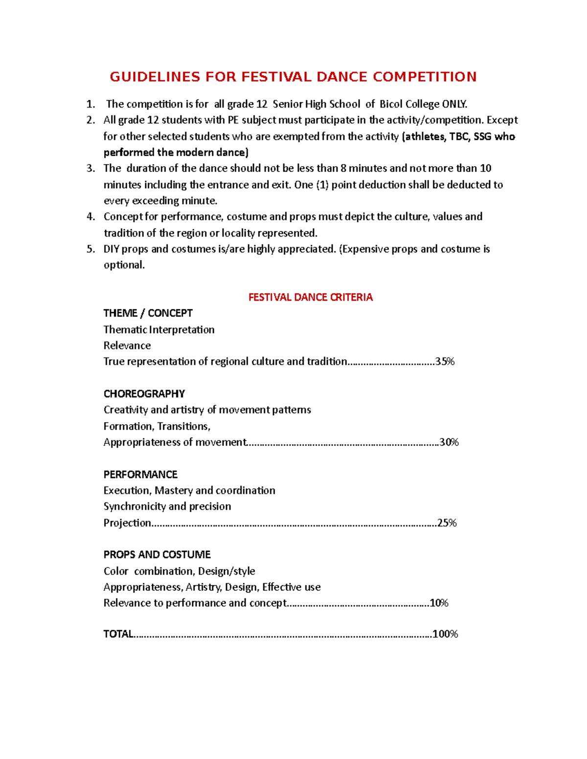 Guidelines for Grade 12 Festival Dance Competition at Bicol College ...