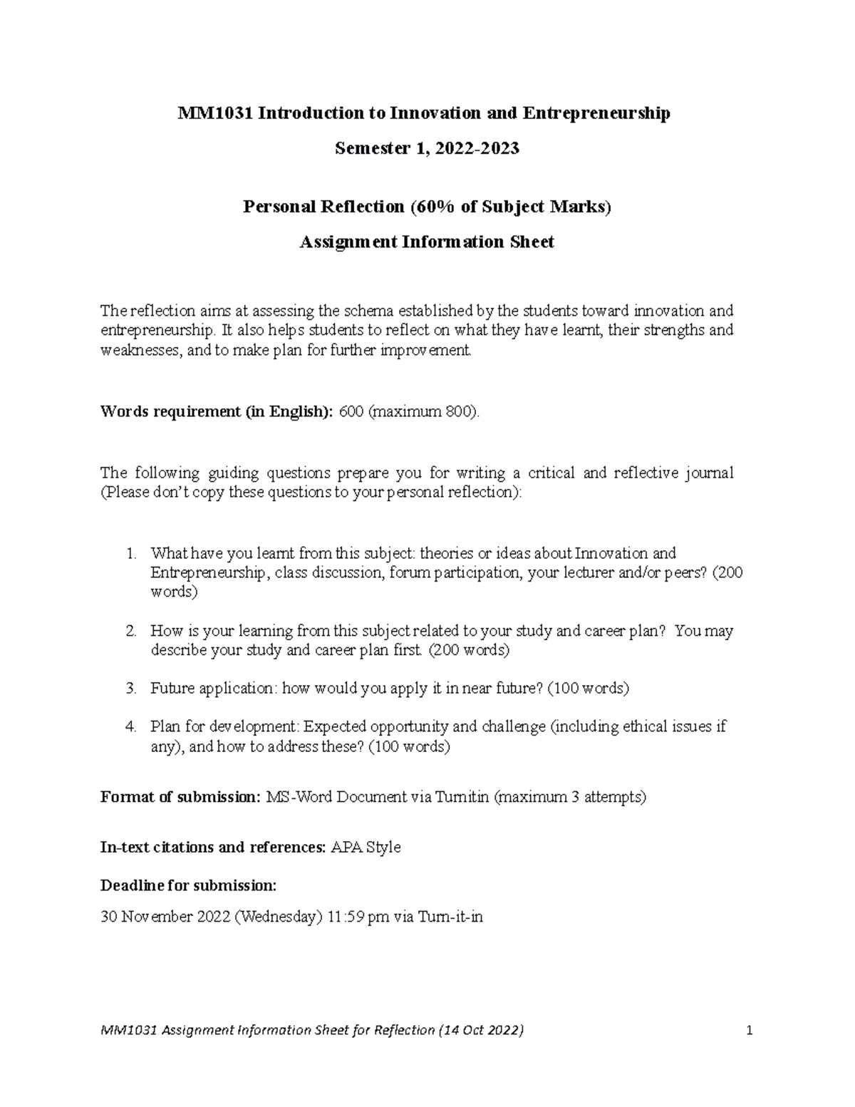 MM1031 Personal Reflection Assignment Info Sheet - Innovation ...