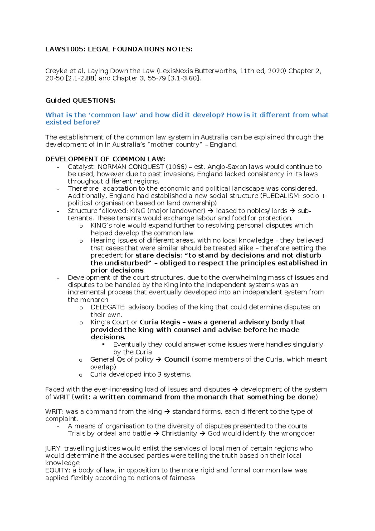 LAWS1005 - Legal Foundations: Common Law Development Notes - Studocu
