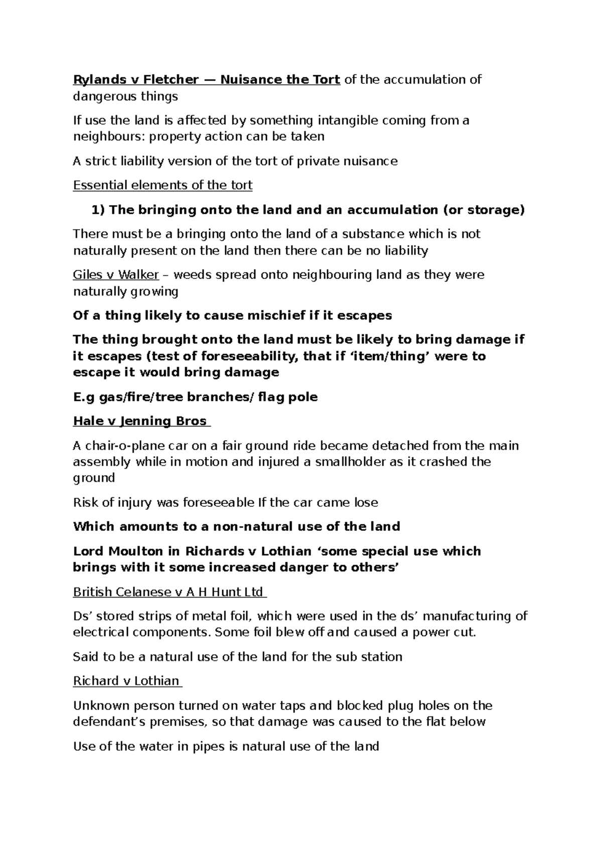 Rylands v Fletcher - ……….. - Rylands v Fletcher — Nuisance the Tort of ...