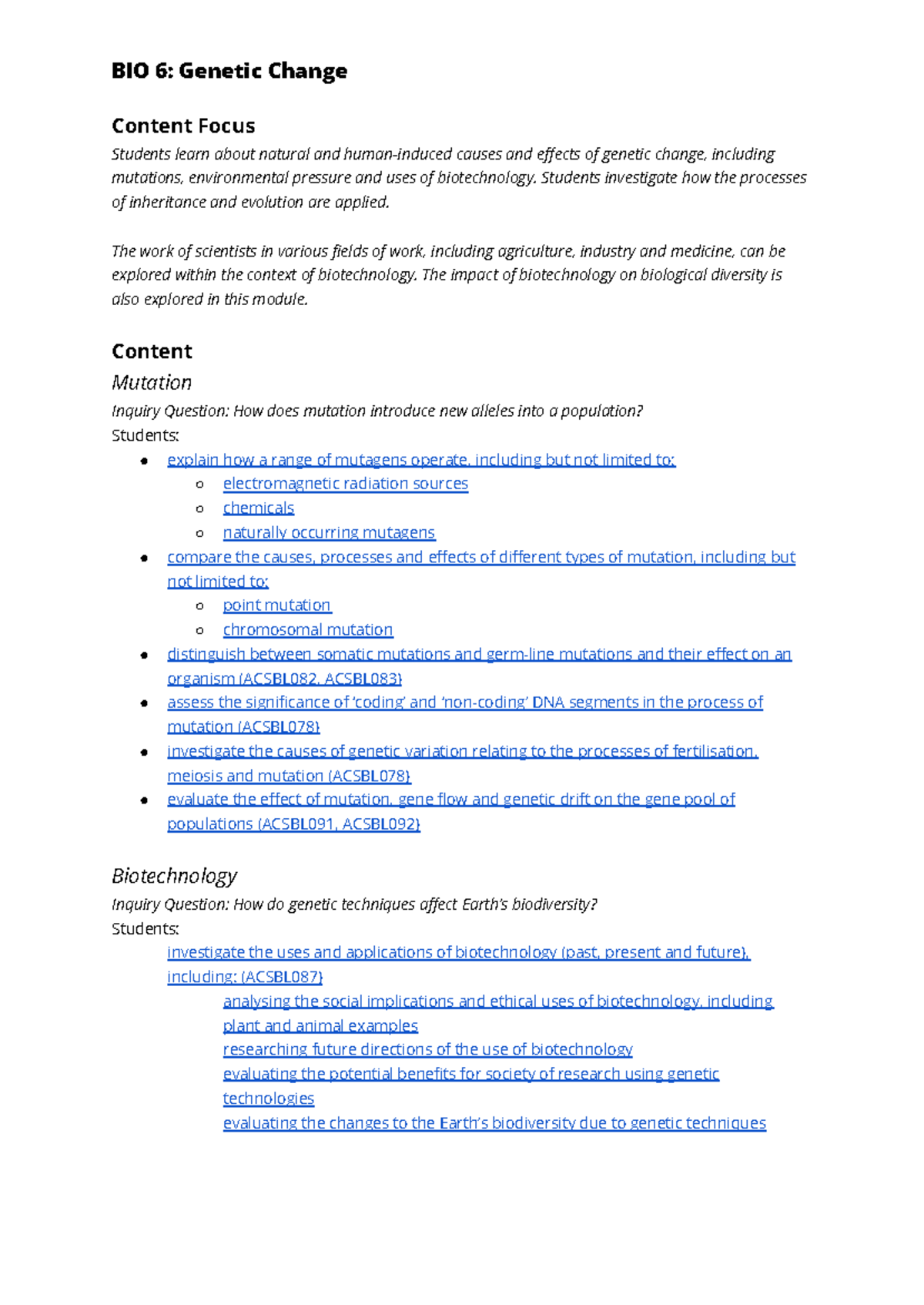 BIO 6: Genetic Change Syllabus Notes on Mutations & Biotechnology - Studocu