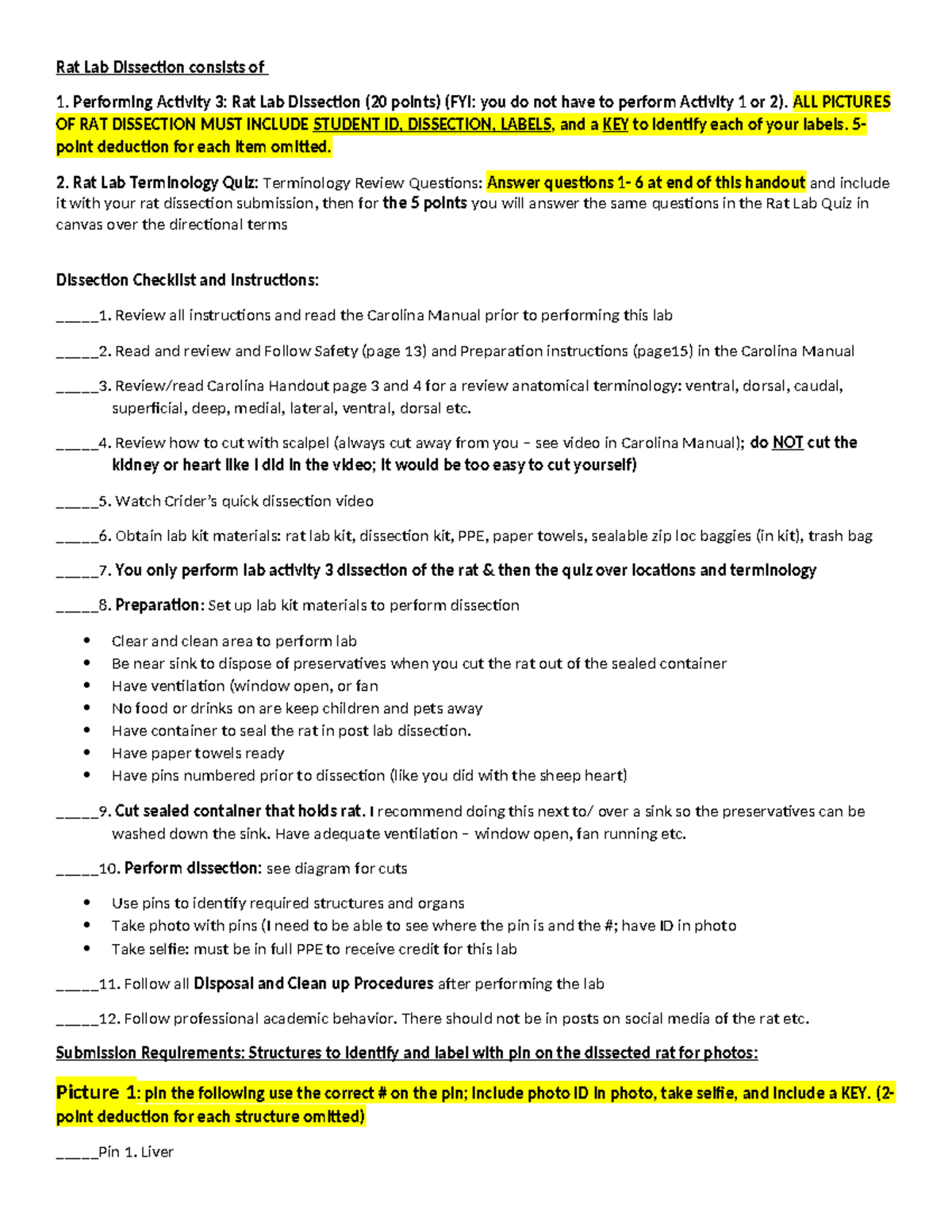 Rat Lab Dissection Checklist & Submission Instructions (BIO101) - Studocu