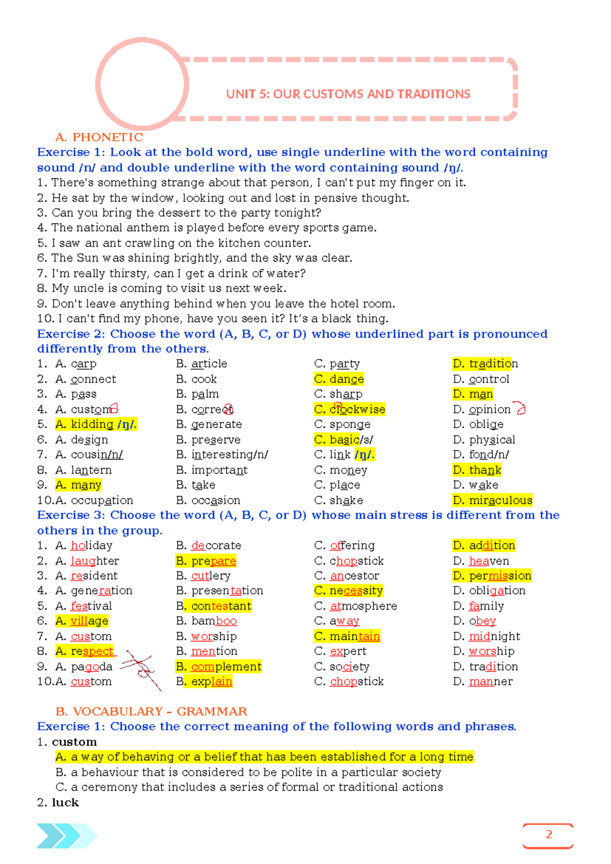 Unit 5: Our Customs and Traditions - Phonetics & Vocabulary Exercises ...