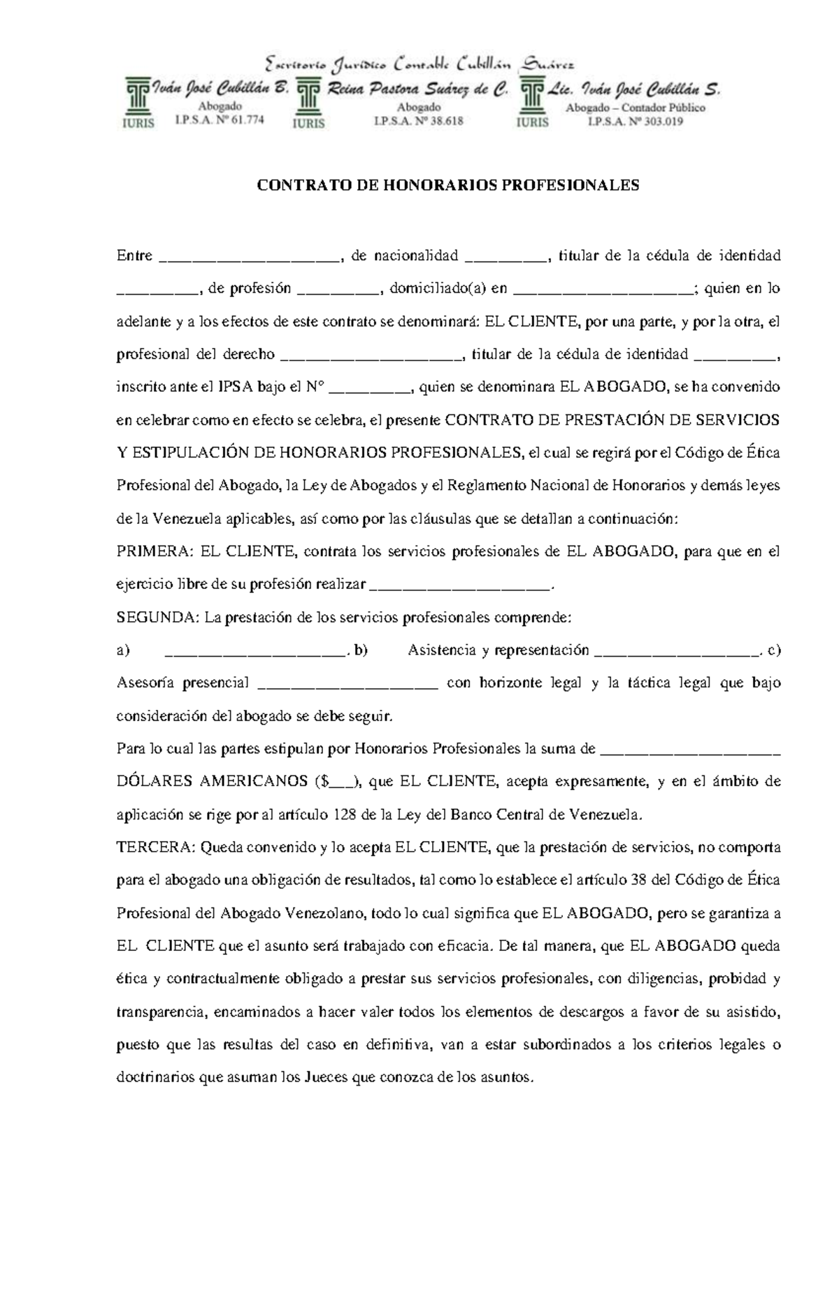 Contrato de Servicio y Honorarios Profesionales - Asesoría Legal - Studocu