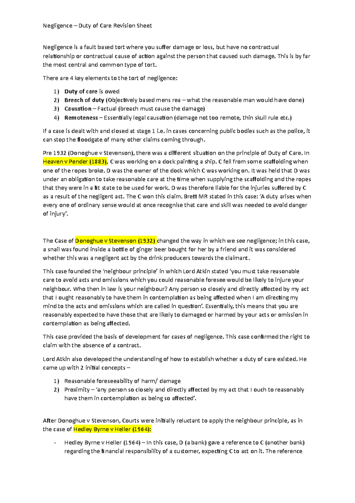 Tort Law: Negligence Key Concepts and Case Insights (Revision) - Studocu