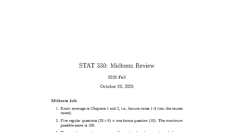 STAT 330: Midterm Review Guide for Fall 2025 Exam - Studocu