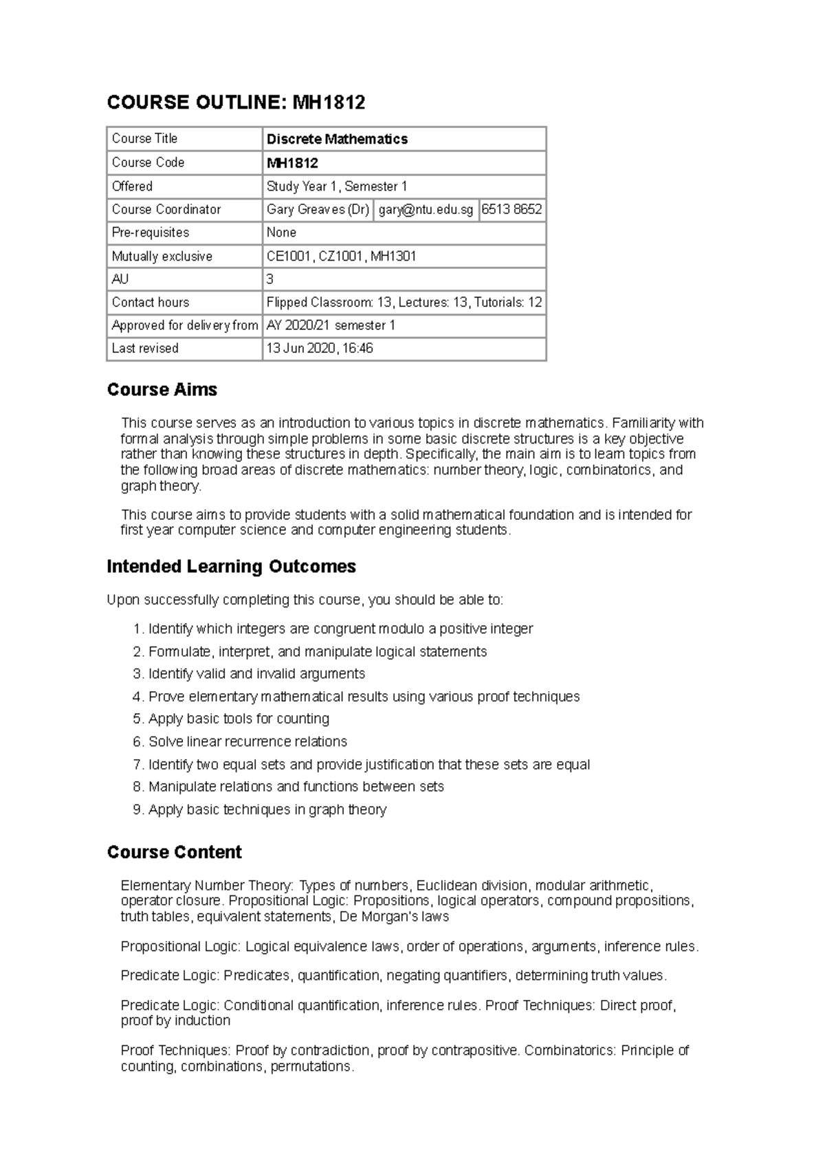 MH1812 - Discrete Mathematics Course Outline and Learning Objectives ...