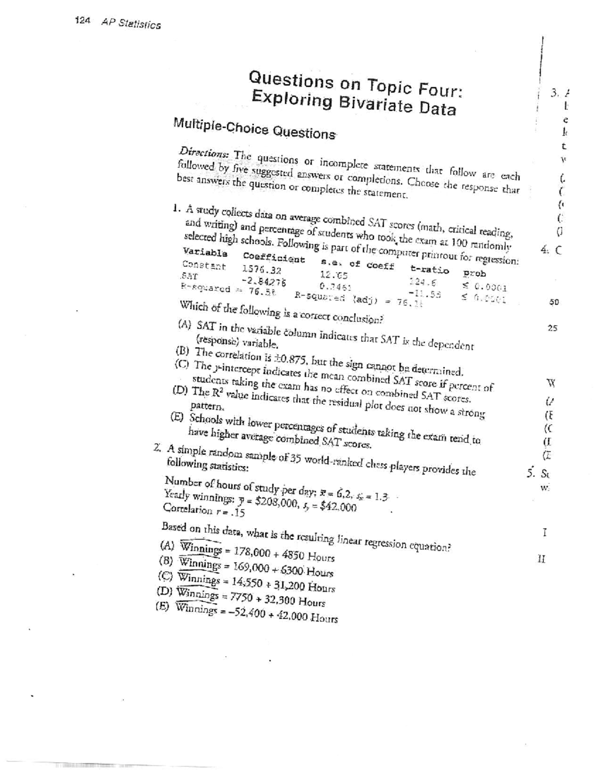 AP Statistics 124 Topic 4: Exploring Bivariate Data Questions with ...
