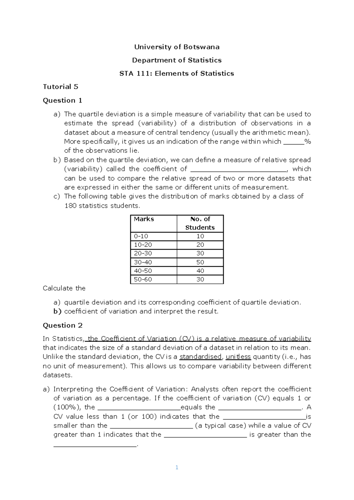 STA 111: Elements of Statistics - Tutorial 5 Insights & Solutions - Studocu
