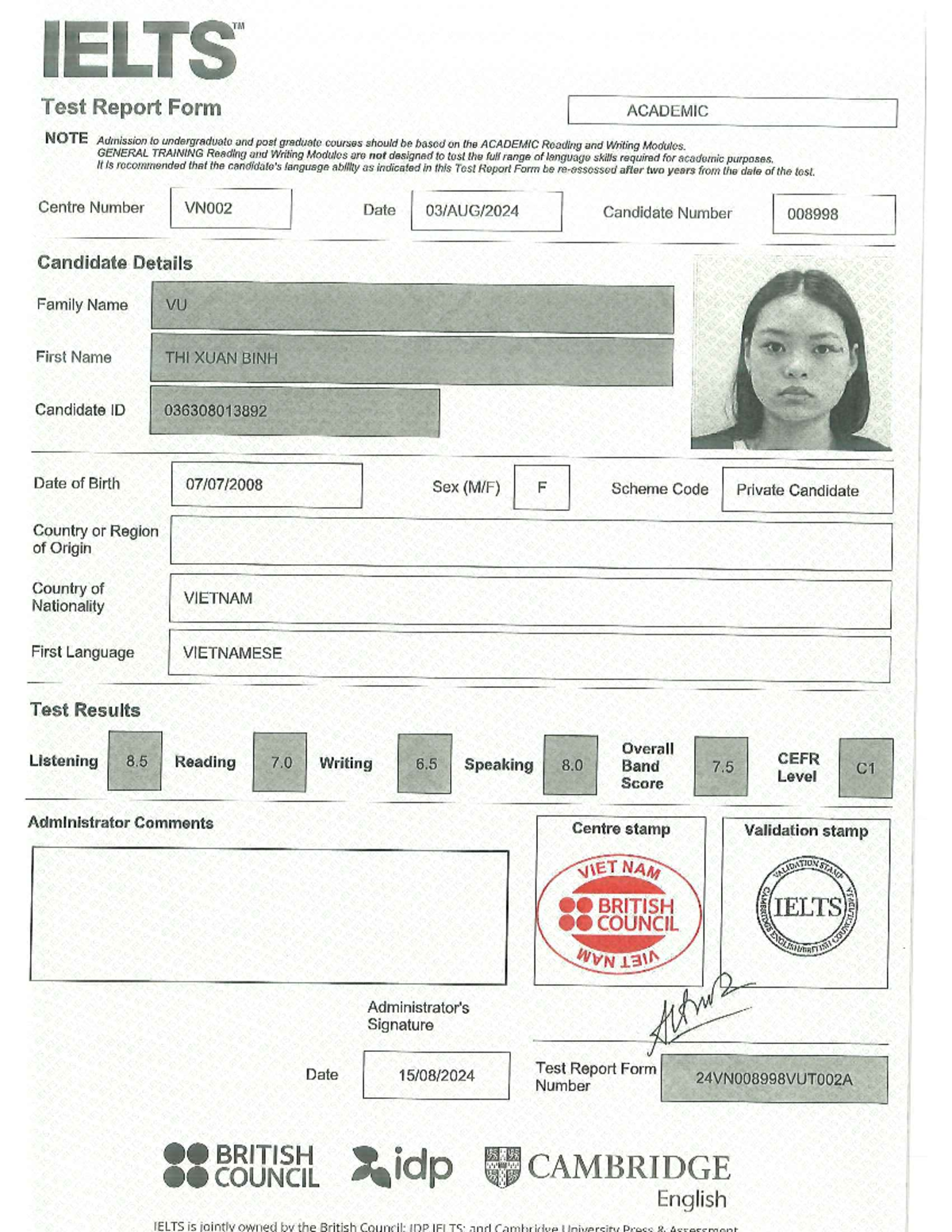 TM IELTS Test Report Form - Vũ Thị Xuân Bình - Studocu
