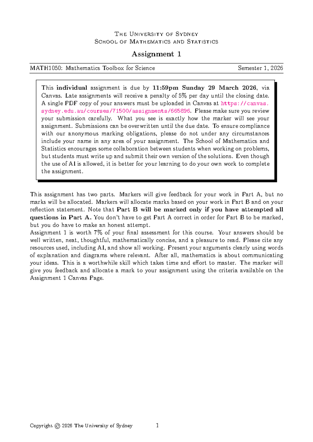 Assignment 1 MATH1050: Mathematics Toolbox for Science S1 2026 - Studocu