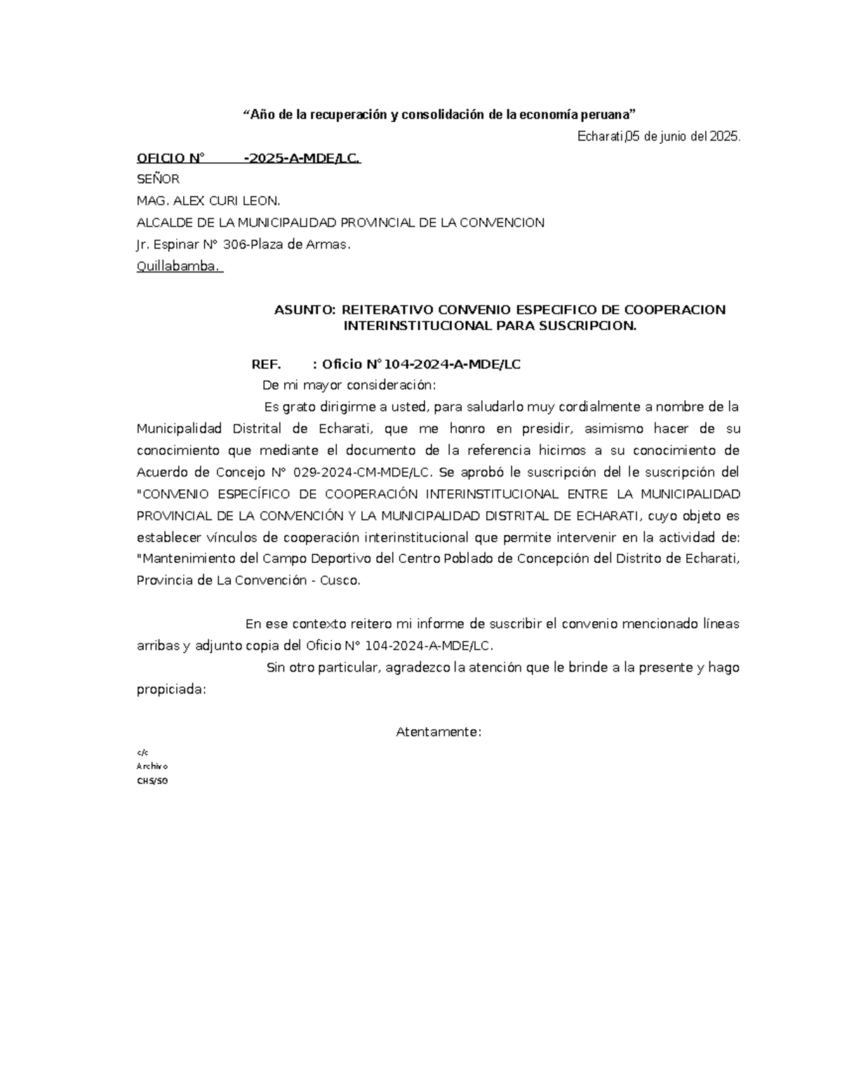 Oficio MDE104: Reiterativo de Convenios de Cooperación 2025 - Document Preview