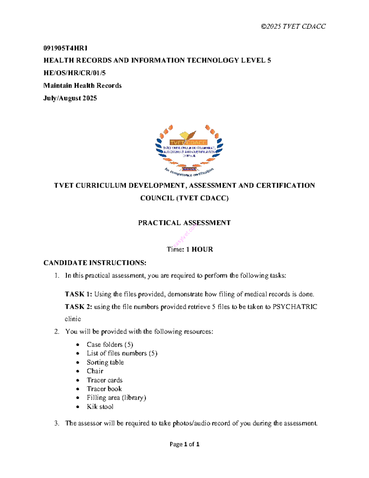 TVET CDACC 091905T4HRI Level 5 Health Records Practical Assessment 2025 ...