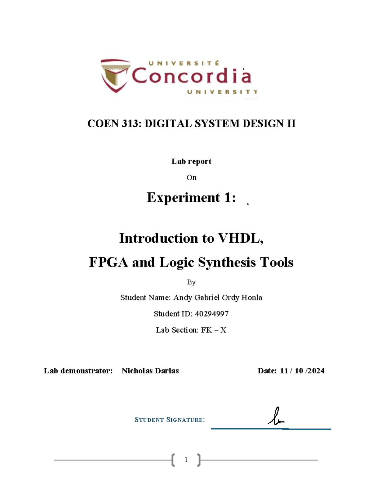 COEN 313: Lab Report 1 on VHDL, FPGA & Logic Synthesis Tools - Studocu