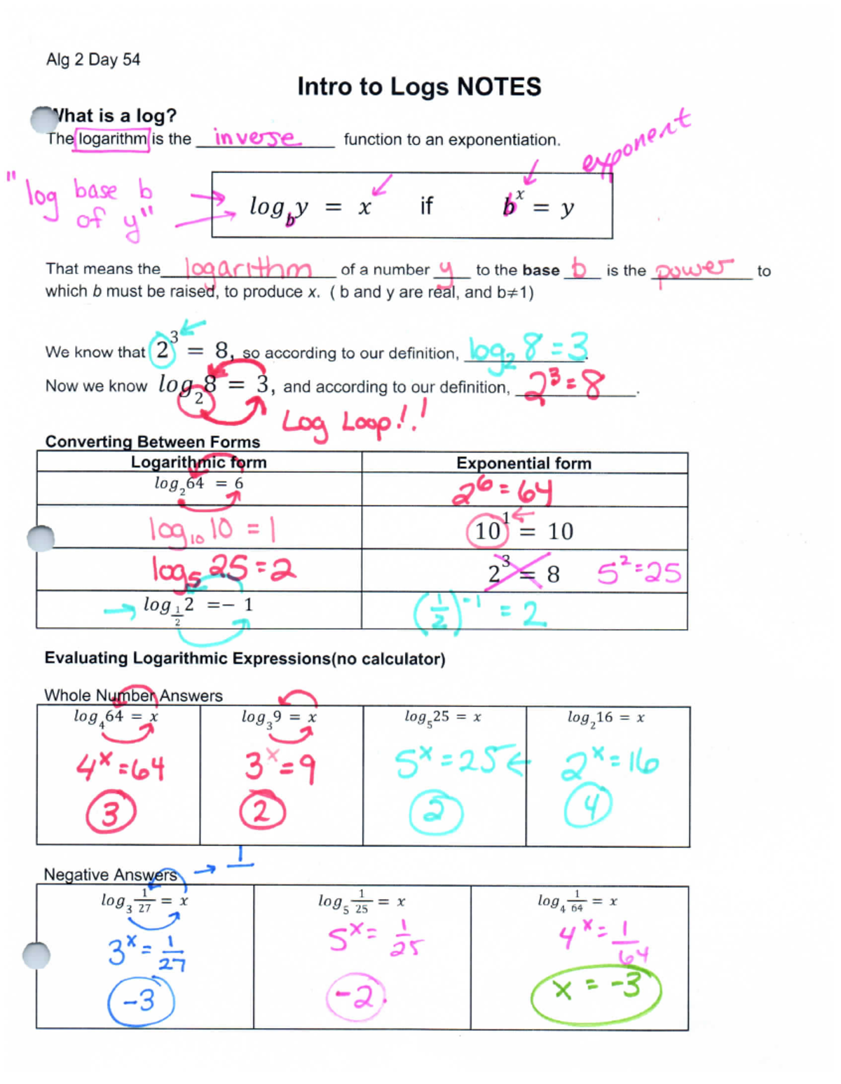 Notes Key - Alg 2 Day 54 Intro to Logs NOTES What is a log? The ...
